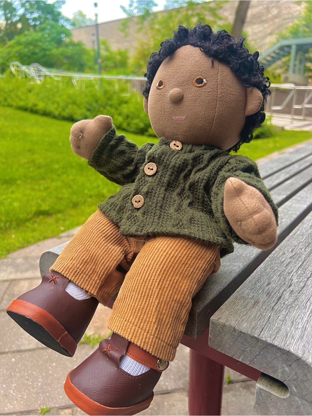 High-End Boutique Fabric Boy Doll with Removable Knit Cardigan & Corduroy Pants
